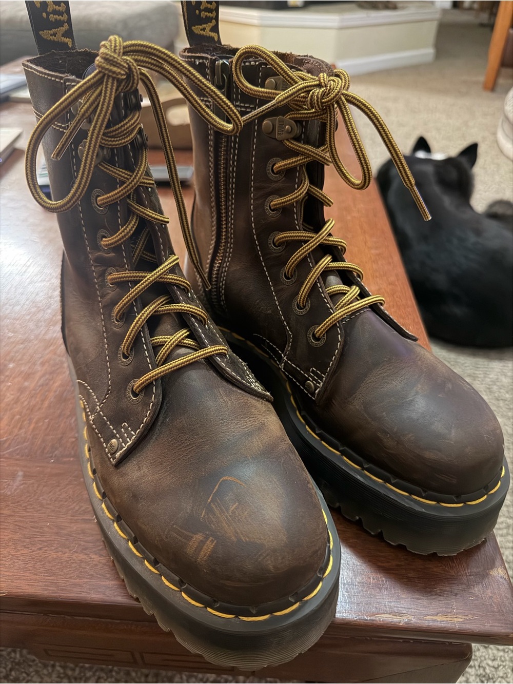 Dr. Martens Brown Leather Combat Platform Boots with Yellow Stitching